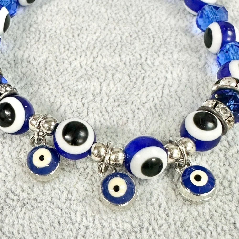 Blue Evil Eye Charm Beaded Stretch Bracelet